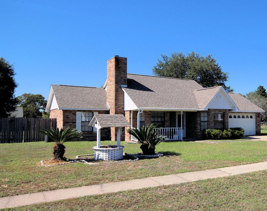 What a cute, cute home!! It has everything you want even a wishing well!Two bay windows-1 in kitchen & 1 in living room. Large level lot with privacy fenced backyard. Covered large back porch. Wonderful kitchen with large Breakfast Nook and window looking thru to living room (with Brick Fireplace) so you can cook and be part of the activities. Two full baths. Master has vanity area and walk in closet and a second closet. Large 2 car Garage! Very nice quiet neighborhood on a Circle and tucked away. And it is S of I-10-easy access to Eglin. Duke, 7th SPS and shopping. Come take a look !! All measurements to be verified by Buyers.