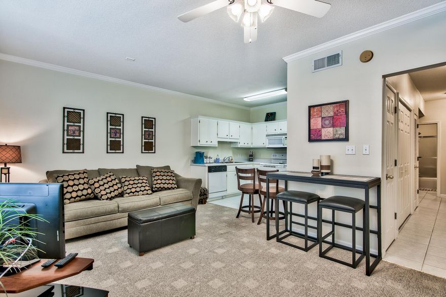 CUTE one bedroom 1 bath condo a short distance to the Silver Sands Outlet, grocery stores, dining, and the BEACH! This condo has been well maintained and used as a second home. The prime location makes this condo the perfect vacation rental, second home or full time residence. Poinciana is a 16 unit complex that can be rented short term or long term.