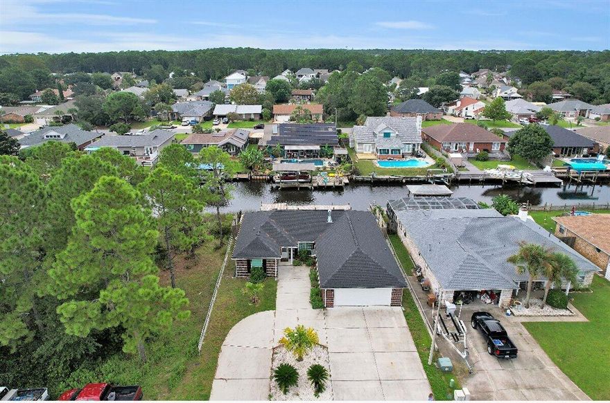 Welcome to paradise. Nestled in the community of Polynesian Isles, this CANAL FRONT home offers a BRAND NEW dock, an open, spacious floor plan, and a bonus/storage room. You'll enjoy the stone-enclosed wood-burning fireplace and tile throughout the entire home. The kitchen comes equipped with stainless steel appliances, a fridge with ice and water dispenser, a large breakfast bar, granite countertops, and a pantry. Enjoy water views while dining and open up the French doors for a wonderful breeze. The over-sized primary suite is suitable for an additional workspace or Peloton. The bathroom offers 2 walk-in closets, a double vanity, a jetted tub, a separate walk-in shower, a water closet, and new granite countertops. The two additional bedrooms both have doors that open up to the exterior o