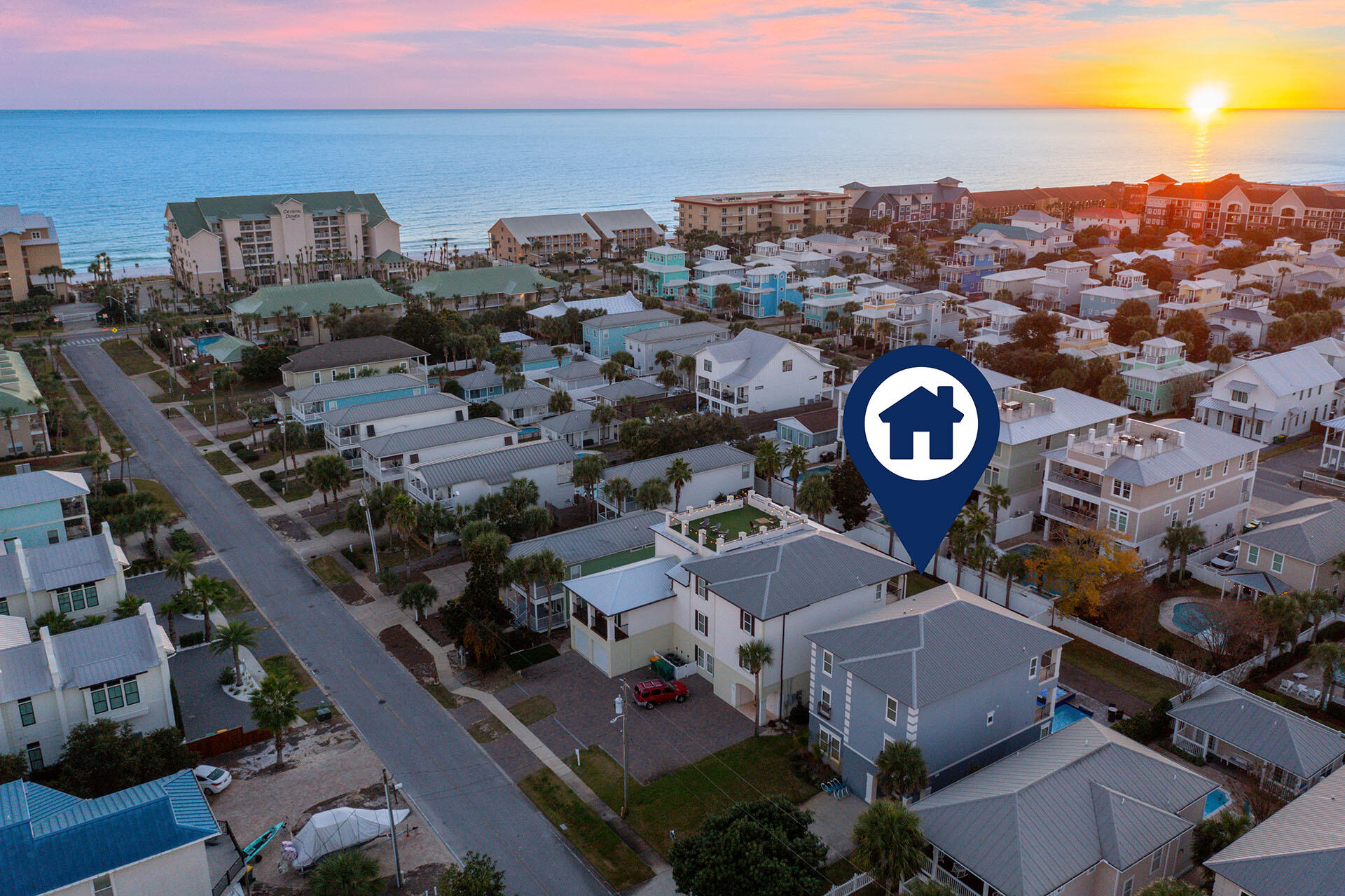 Attention Investors!!! Welcome to Tangled in Blue! Newly renovated 9 BR, 5 1/2 Bath, rental machine! located in the popular beachside community of Crystal Beach, within 1/2 block to the Beach.Guests can kick back and enjoy the beautiful, heated pool and spa or gather with friends and family in this open concept beach home. Great floor plan. Fully furnished. Rental ready. Professionally designed.The elevator is conveniently located for easy access to all three floors. All bedrooms are large in size. The Primary Suite is huge! Large en-suite with soaking tub, separate shower, and a private washer and dryer in the master closet.The kitchen renovation and bathrooms were completed in April 2025. New heated pool and spa with night lights, installed in 2023. Complete exterior and Interior paint. 2023
4,102 SF heated and cooled. 4,980 SF under roof.
