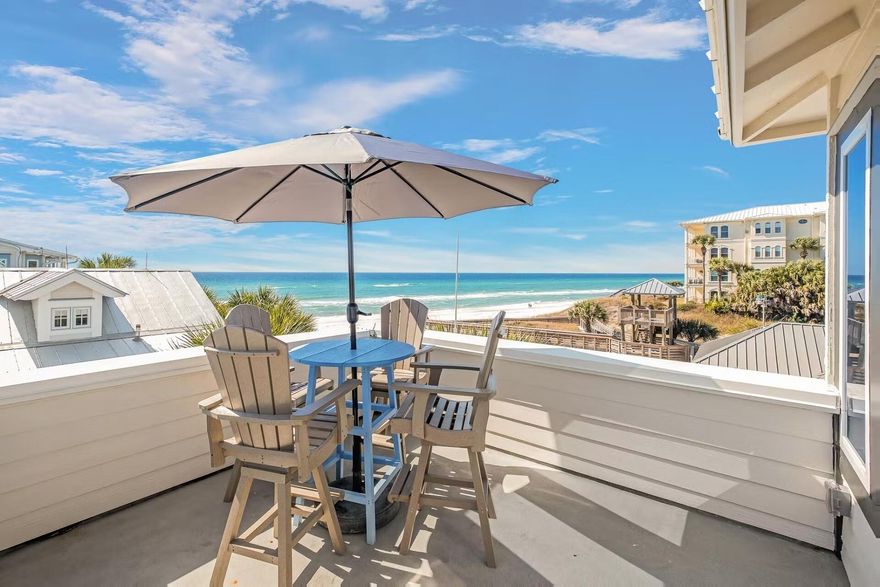 This charming 3 bedroom beach house is nestled in desirable Sunrise Beach, a fantastic gated beach community on 30A just steps away from our emerald shores! Its prime location ensures quick access to our renowned shopping, dining, and play while also being a peaceful retreat from vacationing crowds. Enjoy beautiful beach views and the sound of waves from all three levels of private balconies and relax by the large private, heated pool. The recently updated open floor plan welcomes you with generous living and dining space and a well-appointed kitchen perfect for entertaining and spending time as a group. The first floor bedroom hosts bunk beds + a trundle. On the second level you will find two bedrooms both fitted with king beds and plenty of space for rest and relaxation after fun and sun filled days at the beach. The master provides access to a large covered balcony overlooking the gulf through the mature palms. The third floor holds a day bed and wet bar and with windows surrounding, provides beautiful views of the gulf over the dunes at Ed Walline. The third-floor open porch with sitting area provides the perfect space to toast the sunset with a glass of wine, or sip your coffee in peace in the mornings. All of the great attractions at Gulf Place and local favorite Shunk Gulley are only a short walk away. 30A is host to world famous restaurants and shopping, and the prime location between Destin and Panama City Beach gives you convenient access to everything the area has to offer! The home is being sold fully furnished less all artwork and turnkey ready, and would make fabulous primary residence, relaxing beach retreat, or income generating investment property.