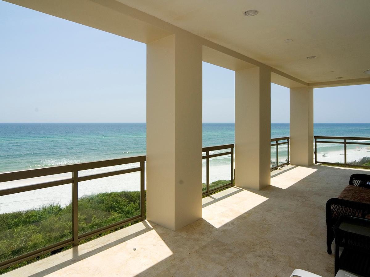 Seagrove, FL real estate offers ultimate privacy with this concrete and steel constructed condo building on the Gulf. Only three units occupy this four-story building with private, poolside cabanas that feature full baths. A large entry foyer greets visitors with a coded elevator. Each unit features its own security code. The Gulf-front pool and cabanas are near the private beach access for convenience. Tre Viste sits on a 30-foot coastal dune that offers splendid Gulf views.
