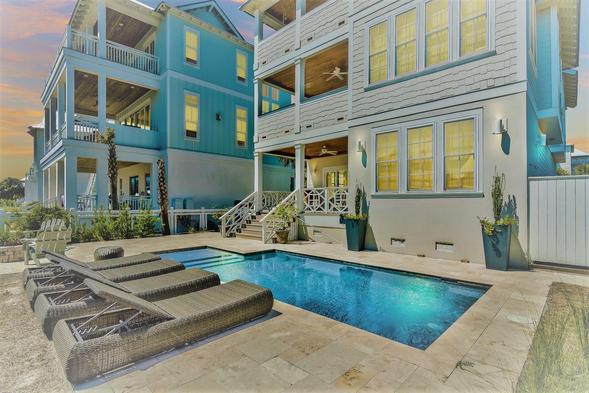 Pending but seller accepting back up offers. One street back from the Gulf of Mexico, this spectacular & spacious beach home has breath-taking views, a private heated salt water pool and a relaxed elegance that promises you the 30A life style. The exceptional 3 level floorplan showcases 5 bedrooms, 4 bathrooms, professionally designed with high end furniture and covered balconies with Gulf views on every floor! First level has guest bedroom, bar and game room that is steps away from the outdoor fenced area equipped w/pool, large firepit, ping pong table & cornhole. The home's main level is on the 2nd floor & offers open floor concept, a chef's kitchen w/custom cabinetry & marble countertops. Third level has Master Bedroom, sitting & bunk bedroom.