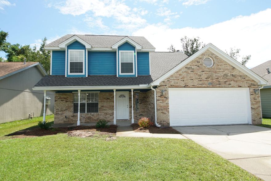 Enjoy the Florida sunshine in your move in ready home with 4 bedrooms and 2.5 baths, 1,638 square feet and NEW 2022 dimensional shingle roof! This two-story brick and siding home with a 2-car garage is located near the military bases, beaches, shopping and restaurants. The home has a new professionally painted interior, new carpet, and refurbished sprinkler system! Enter the home and notice the living room opens to the kitchen and dining area. The living room features wood laminate flooring, a large picturesque window, and ceiling fan! The kitchen has all white appliances and cabinetry and a window overlooking the gorgeous back yard. The kitchen appliances include a slide-in oven/cooktop, built-in microwave, dishwasher, and refrigerator. There is also a dining area.