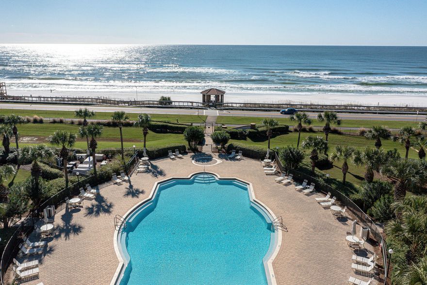 This is  a rare opportunity to own an exquisite 4th floor, fully furnished  Penthouse in the coveted,  gated community  of  Mediterranea.   Elegantly poised along Scenic 98, this unit  showcases  stunning gulf  views  from 3 separate balconies.  The open floor plan consists of two living areas with a fireplace,  a formal dining and causal dining off the kitchen.   The four spacious  bedrooms are expertly designed with en suite  bathrooms.  The master suite  provides a tranquil setting with a private balcony and spa inspired master bath  with a separate shower and soaking tub.  A PRIVATE  elevator is situated directly across from the  2  assigned parking spaces.   Amenities include a resort style pool with lavish landscaping, clubhouse,  fitness facility and gated, deeded beach access.