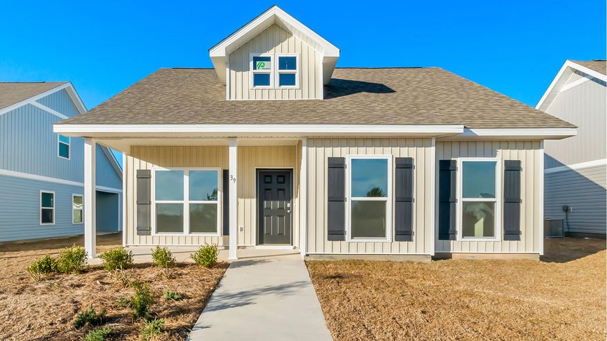 The Owl's Head community is conveniently located off of Highway 331 in Freeport.  We are only 8 miles to Interstate 10, and 16 miles to beautiful beaches and Highway 30 A.  We offer 6 floor plans, 3 and 4 bedrooms.  All homes have rear entry garages.  This community offers a community area with paved walking trails and a spring fed lake. | The Aspen plan is a single story 3 Bedroom, 2 Bath home. This floor plan features a covered front and back porch.  There is a separate dining room to enjoy family dinners, or it could be used as a flex space.  There is a large shower in the primary bedroom, with 2 separates sinks.