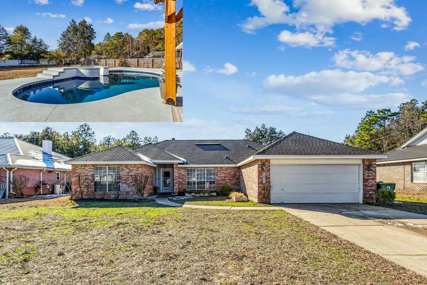 Welcome to your dream pool home conveniently located south of I-10. This stunning 4-bedroom, 2-bathroom brick residence has been thoroughly updated and maintained. The living area features an expansive, open floor plan with wood-burning fire place and high, vaulted ceilings. The sliding glass back doors overlook the newly resurfaced saltwater pool and large, privacy-fenced yard. You'll find updated LVP flooring in the main living areas and newer carpet in the bedrooms, which has been shielded from pets. In the kitchen are new granite countertops and new stainless steel appliances. The open layout provides plenty of space for a dining table plus an additional flex area that is being used as an office. The master suite is a true retreat, featuring a spa-like bathroom with a double vanity, two walk-in closets, a soaker tub, and a separate shower. Three additional spacious bedrooms are on the other side of the home and share a full bath with updated granite vanity. 
Enjoy peace of mind with a 2021 roof, 2017 water heater, and HVAC with OxyQuantum LED UV and MicroPower Guard Air Cleaner. The current sellers have an existing survey, 4-point inspection, wind mitigation report, and previous inspection summary they are willing to share. This home is turn-key and ready to SELL! 
Located on a .38 acre level lot with irrigation, this impressive property recently had over $25,000 invested into upgrading the pool, which includes a new pump, tile, and total resurface with ecoFINISH, which is a cutting-edge polymer coating that is designed to be extremely durable and resistant to fading and cracking. It's a like-new pool ready for its new owner. 
The location of this home just south of Interstate 10 is ideal. It provides ease of access to a myriad of Crestview shopping and dining options as well as better proximity to Duke Field and Eglin. It's super convenient to bypass the traffic on 85 north of I-10. Schedule your showing today and make this Crestview gem your own!