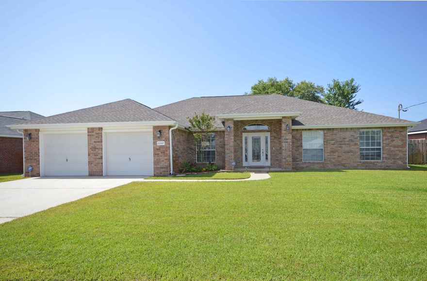 Enter this lovely home through beautiful glass doors and sidelights! This home features an open Floor Plan, lots of light, move in ready with 4 bedrooms and an office with French Doors! Large Dining room offers room for lots of entertaining! New Roof 2019; New Stainless Steel appliances; Water heater 2019; Hanwha Q Solar Panels will save buyer on electric bills; Situated in a great family neighborhood, close to Hurlburt, this all brick home offers the following amenities: Large open family room, Large sized kitchen with lots of cabinets and counter top space, breakfast bar, nice size pantry; new 9''deep sink with new Delta faucet, and large windows! Formal dining room and separate breakfast area; New Stove has double oven and has a Deep Style Refrigerator! Screened in Patio with doggy door Spacious master suite with ''his'' and ''her'' walk-in closets, There is a door from master bedroom to the outside patio; Master bath includes dual vanities, linen closet, garden tub and separate shower; On the other side of home are the 3 bedrooms which offer lots of privacy for family and guests; The additional bath also has a door to the outside patio for privacy as well! Outside is a 12 x 12 Shed for added storage; and the backyard is perfect if you want to add a pool later!  Nice Privacy fenced backyard (''shadow box'') for additional privacy; Recap of *Additional amenities include: Solar Panels offering very low maintenance electric bills, Split bedroom floor plan, laundry room and complete irrigation system; Also sellers have a termite bond! Public sewer means backyard has room for a pool! Ideally located in East Navarre, this home is close to all of the amenities this area has to offer and close to all bases! Ecobee system is negotiable; Come view this home today!
