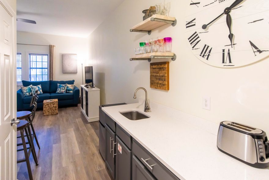 This is a must see,Charming studio condo located in The Villages of South Walton on Scenic Highway 30A, situated between Rosemary and Alys Beach. This unit is completely furnished and updated with new flooring,  furniture, bathroom vanity,  light fixtures,  AC and ceiling fan. Sleeps 4 comfortabley and features a quaint kitchenette including refrigerator, sink, microwave, coffeemaker and quartz countertop. The pristine beach is just a short walk away or take the seasonal tram to and from the beach. You will also enjoy the 2 pools, firepit and hot tub located just across from the condo. The Villages provides boutique shopping, restaurants, bike rentals, craft beers, coffee and seasonal live entertainment and artists. Easily walk to Rosemary and Alys beach for even more boutiques and great d