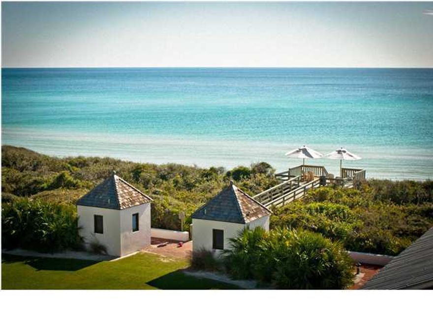 The only home for sale on the quiet Eastern Green. Amazing views of the emerald green water over the beautifully manicured lawn. Skillfully designed for entertaining, this home and adjoining carriage house can accommodate three families while still maintaining a sense of privacy. Enjoy a gorgeous gulf view every morning from one of the two master bedrooms. Relax in the secluded interior courtyard where the fountain creates the perfect ambiance in your outdoor living area. The large two car garage offers plenty of space for cars, bikes or golf carts. Located south of 30A, only steps from the sand and the Coquina pool, this home is the perfect place to enjoy all that Rosemary Beach has to offer.