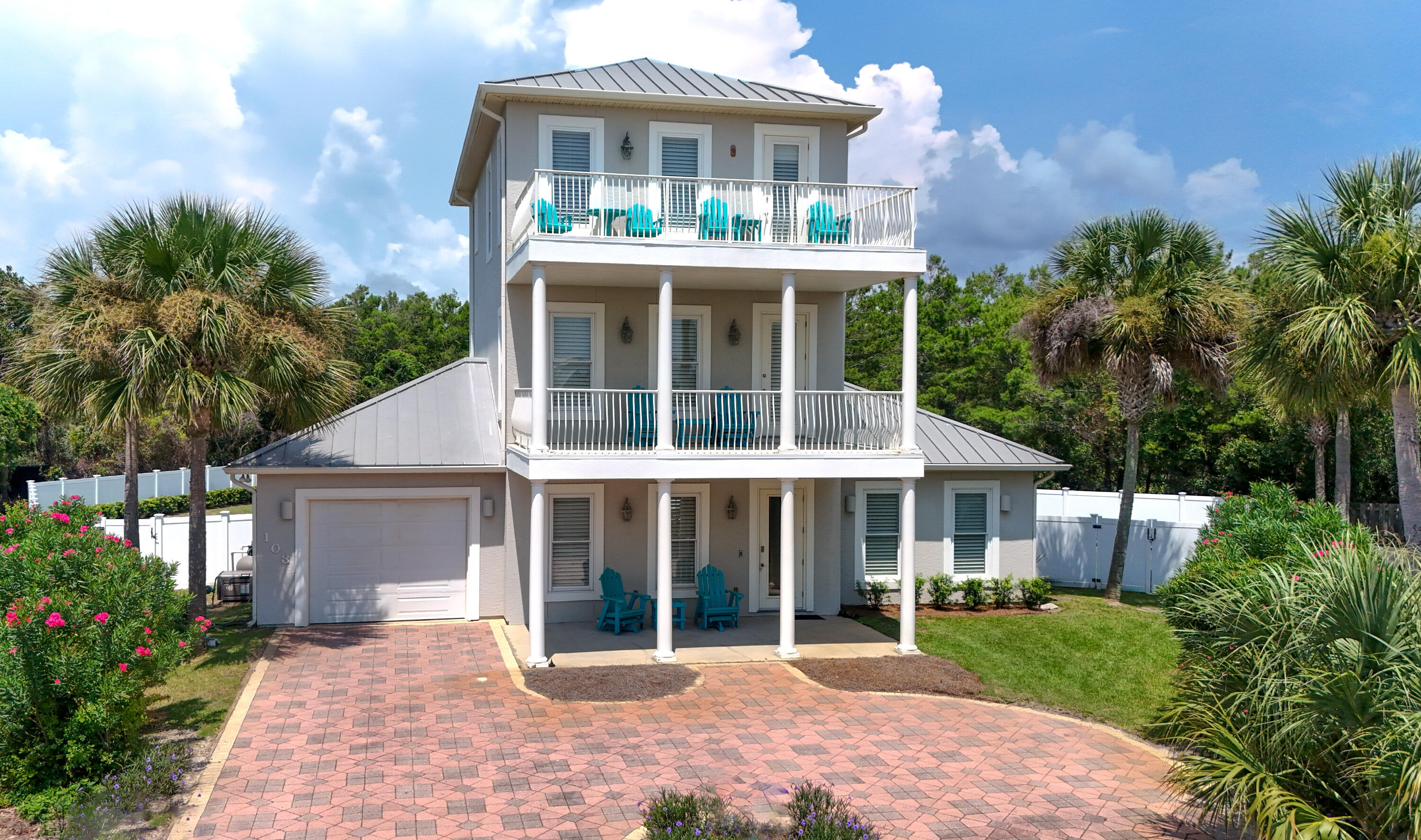 Welcome to your dream beach house, just one block off 30A in the sought-after community of Seacrest, Florida. With no HOA fees and private, deeded beach access, this home blends convenience, comfort, and the ultimate coastal lifestyle. This beautiful three-story home offers 3 bedrooms, 2.5 baths, and stunning Gulf views from the third-floor master suite. Situated at the end of a quiet cul-de-sac, the property ensures privacy with a tree-lined buffer backing to Camp Creek Golf Club. The expansive fenced backyard features a sparkling pool, perfect for relaxing or entertaining. Inside, enjoy two cozy living areas, a well-appointed kitchen, a half bath, and a one-car garage. The home features plantation shutters, crown molding, and beautiful tile flooring throughout. The second floor offers two bedrooms with a jack and jill shared bath and each bedroom has its own private balcony. The spacious master suite is located on the third floor with gulf views from the inside as well as the large balcony. This home would make a great primary residence, or a second home/investment property. Schedule your showing today.