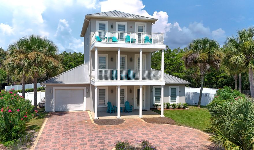 Welcome to your dream beach house, just one block off 30A in the sought-after community of Seacrest, Florida. With no HOA fees and private, deeded beach access, this home blends convenience, comfort, and the ultimate coastal lifestyle.  This beautiful three-story home offers 3 bedrooms, 2.5 baths, and stunning Gulf views from the third-floor master suite. Situated at the end of a quiet cul-de-sac, the property ensures privacy with a tree-lined buffer backing to Camp Creek Golf Club. The expansive fenced backyard features a sparkling pool, perfect for relaxing or entertaining. Inside, enjoy two cozy living areas, a well-appointed kitchen, a half bath, and a one-car garage. The home features plantation shutters, crown molding, and beautiful tile flooring throughout.  The second floor offers two bedrooms with a jack and jill shared bath and each bedroom has its own private balcony.  The spacious master suite is located on the third floor with gulf views from the inside as well as the large balcony.  This home would make a great primary residence, or a second home/investment property.  Schedule your showing today.