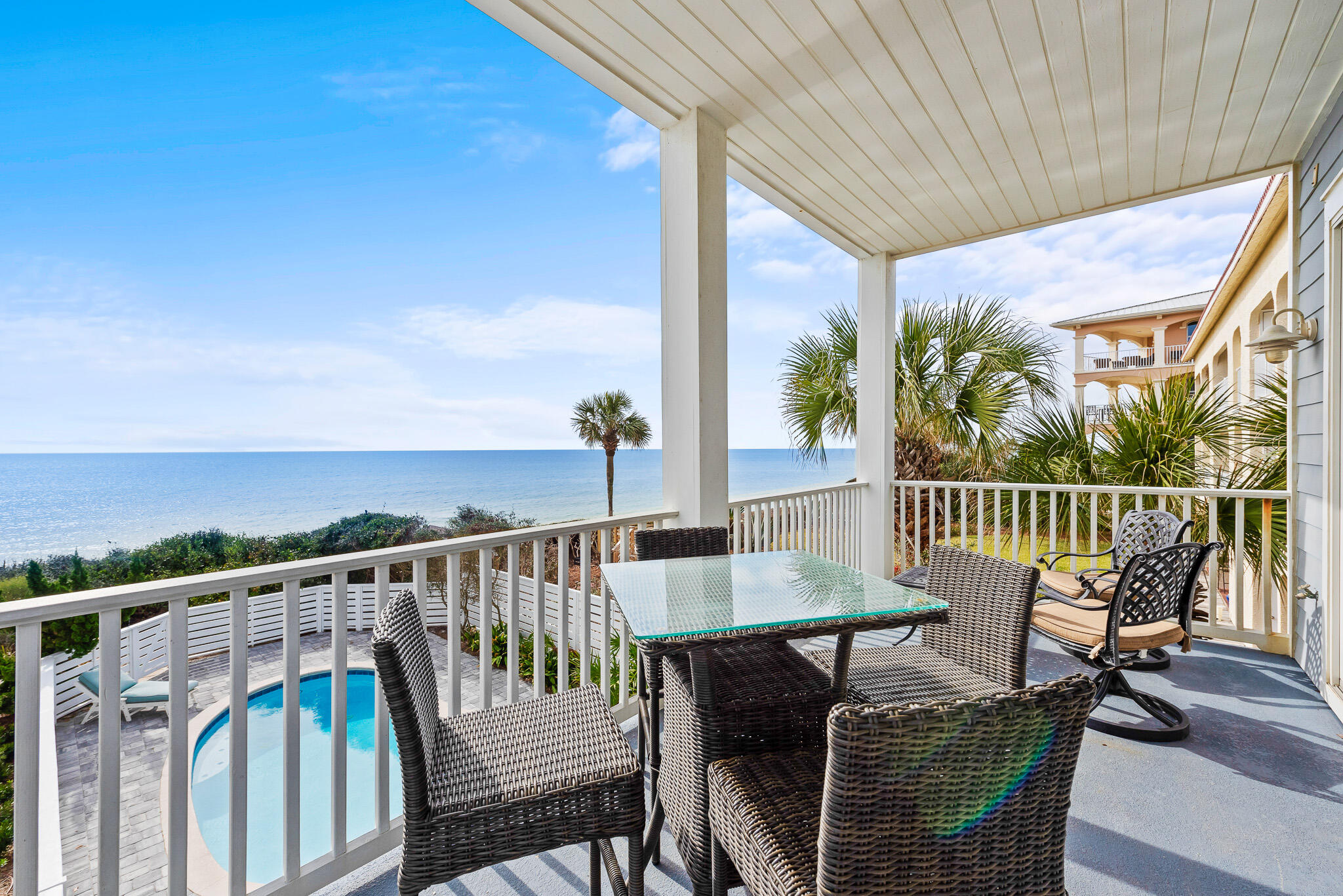 A captivating five-bedroom, Gulf-front, three level beach house that is located on top of a bluff with spectacular views of the Emerald Coast. The private gulf side pool is fully heated and ideal for entertaining any time of the year. The main living area is located on the second floor which encompasses a gourmet kitchen, dining and living room, and outdoor living space overlooking the pool and the Gulf of Mexico. Each and every level of the home has private decks with expansive views and an abundance of natural light. King Master Suite boasting gulf views, vaulted ceilings and a luxurious master bathroom with jetted tub. The junior master suite is conveniently located on the first floor and equipped with a wet bar and gulf front deck.