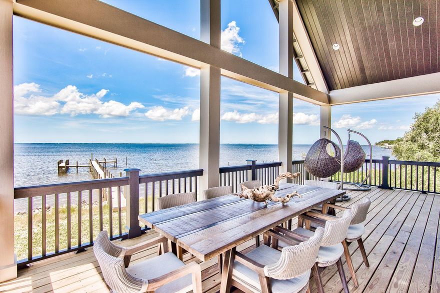 It doesn't get any better than this new construction custom Bay Front home built by Coastal Custom Home Building and professionally designed by K&J Design Group.  Stunning unobstructed water views that can be seen from nearly every room in the home. Open kitchen with a custom vent hood, black stainless steel appliances and top of the line wood grain cabinetry. Every detail was precisely sourced from the backsplash to the flooring to the honed granite on the oversized island to the fixtures, hardware, and lighting throughout. The great room has a massive twenty-six-foot cathedral ceiling, with an impressive wall of windows. Ten foot ceilings throughout give this home a very grand feeling. The list goes on with solid core 8-foot doors, upgraded trim package, custom barn doors, impacted hurricane doors and windows, and spray foam floors and ceiling that make this home energy efficient. An expansive deck runs the entire width of the home overlooking the Choctawhatchee Bay. You just can't describe the view- bring your buyers to see it in person- this home will sell itself. Enjoy the massive added bonus room that can easily be converted into a game room, gym or second living/entertainment area. There's also ample storage throughout. Bring your fishing pole and paddle boards as this property boasts over sixty feet of waterfront property with its own private brand new 90' dock with pier that can accommodate a boat lift or boat house. 
Sit and relax in the sun on your own private sandy beach area on the property as you watch the dolphins swim by. There's also room for all your toys- camper, boats, jet skis, four wheelers, etc. Get away from it all with no HOA but only 25 minutes to the beautiful beaches of 30A!