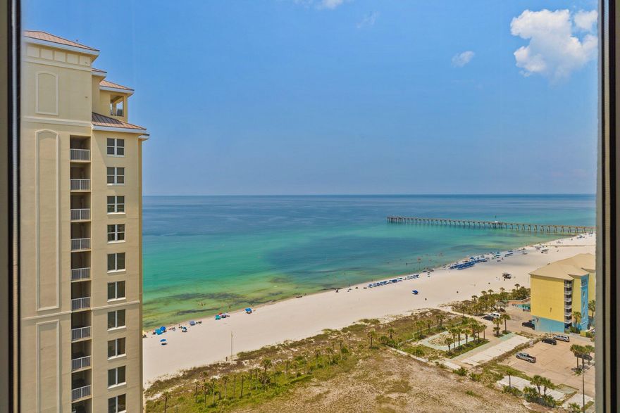 Welcome to Grand Panama Beach Resort, one of PCB's favorite Gulf-front destinations! This spacious 3-bdrm + hallway bunks, 3-bath condo offers breathtaking Gulf views from nearly every room, with a serene bay view from the 3rd guest room. Perfect for investors & families, this rental-ready property is designed for maximum comfort & income potential. Enjoy an open-concept floor plan, a fully equipped kitchen, and a private balcony where you enjoy sweeping beach vistas to the east & west! Hall bunks create extra sleeping space. The Grand Panama Resort features a covered parking garage, a Gulfside pool and spa, a second pool at the building, a modern fitness center, a beachside snack bar, and a convenient crossover bridge for direct beach access. shopping, dining, & entertainment surround the area, including Shipwreck Island 1/2 mile. This property delivers the ultimate Panama City Beach lifestyle. Proven rental history and amenities make this a standout opportunity for those seeking a vacation home and a smart investment. Don't miss your chance to own a slice of paradise at one of the most beautiful beaches!