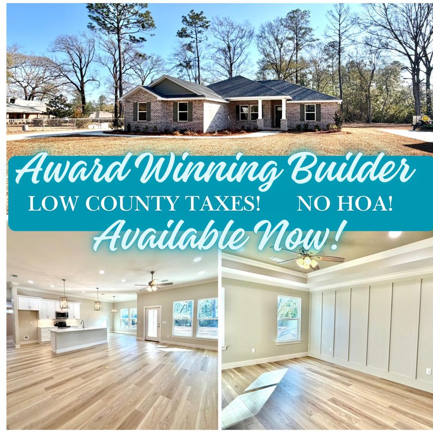 Brand New Construction! Award Winning Builder! NO HOA! LARGE FLAT LOT! HURRICANE RATED WINDOWS and DOORS!This all brick QUALITY built home is available now and ready to impress. The added touches , trim work, and quality finishes let you know right away this isn't a mass produced cookie cutter home. The open concept floor plan has a great flow and really maximizes space. NO carpet in the home, LVP flooring and tile throughout.The kitchen features island with farmhouse sink, cabinet bases with soft close full extension drawer bases and beautiful wood cabinetry. Some of the Upgraded features include cabinetry in laundry room, board and batten wall trim in the master bedroom and entryway,