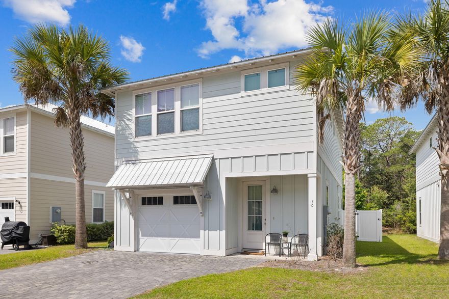 One block from the Bay and close to schools, beaches, restaurants, and shops of 30A. This open floor plan, has 1,777 sq ft, 3 bedrooms, 2 full baths, 1 half bath, fenced in back yard, patio, and single garage. The main floor with 9' ceilings, shiplap accents, ceramic wood flooring on the first floor & new LPV upstairs. Half bath on 1st floor for guest. The large quartz peninsula with counter seating & lovely Dining Area makes room for everyone. The 2nd floor Master suite with walk in closet, sitting area, soaking tub, separate shower, and double vanities. Two guest rooms, a full bath with tub/shower configuration and over-sized laundry room complete the second floor. Private community pool and walking distance to the 331 Bay Park, Farm&Fire, The Bay & N. Beach Social restaurant. Also, catch the Free Shuttle to Seaside from the Park & Ride on 331! 