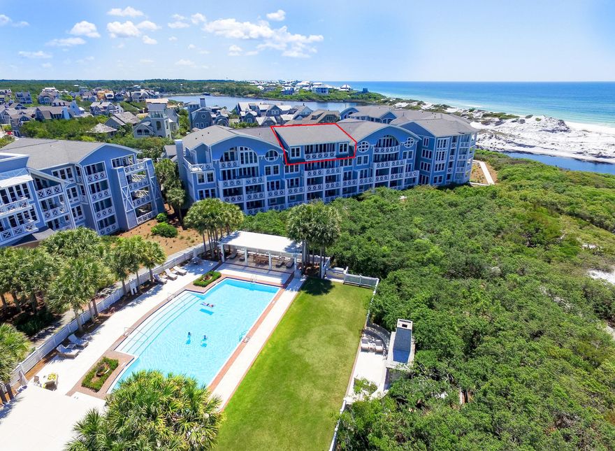 The sun rises and sets on this beautiful WaterSound condo all on one-level in the Crossings. This 3 bedroom, 3.5 bath jewel has recent upgrades that include: flooring, bathroom tile, solid surface countertops, new interior paint, and designer updates to the decor. The large master suite includes a spacious bathroom with separate shower, deep soaker tub and a huge walk-in closet to die for. Both guest rooms (one with balcony access, one with double bunks) include en suite baths. You'll enjoy ample cook/prep space in a chef's dream kitchen with professional grade appliances all with full views of the gulf. Open living-dining areas offer high ceilings and large wall-to-wall windows with stunning views to the west over looking dunes and emerald waters. Private detached garage included!