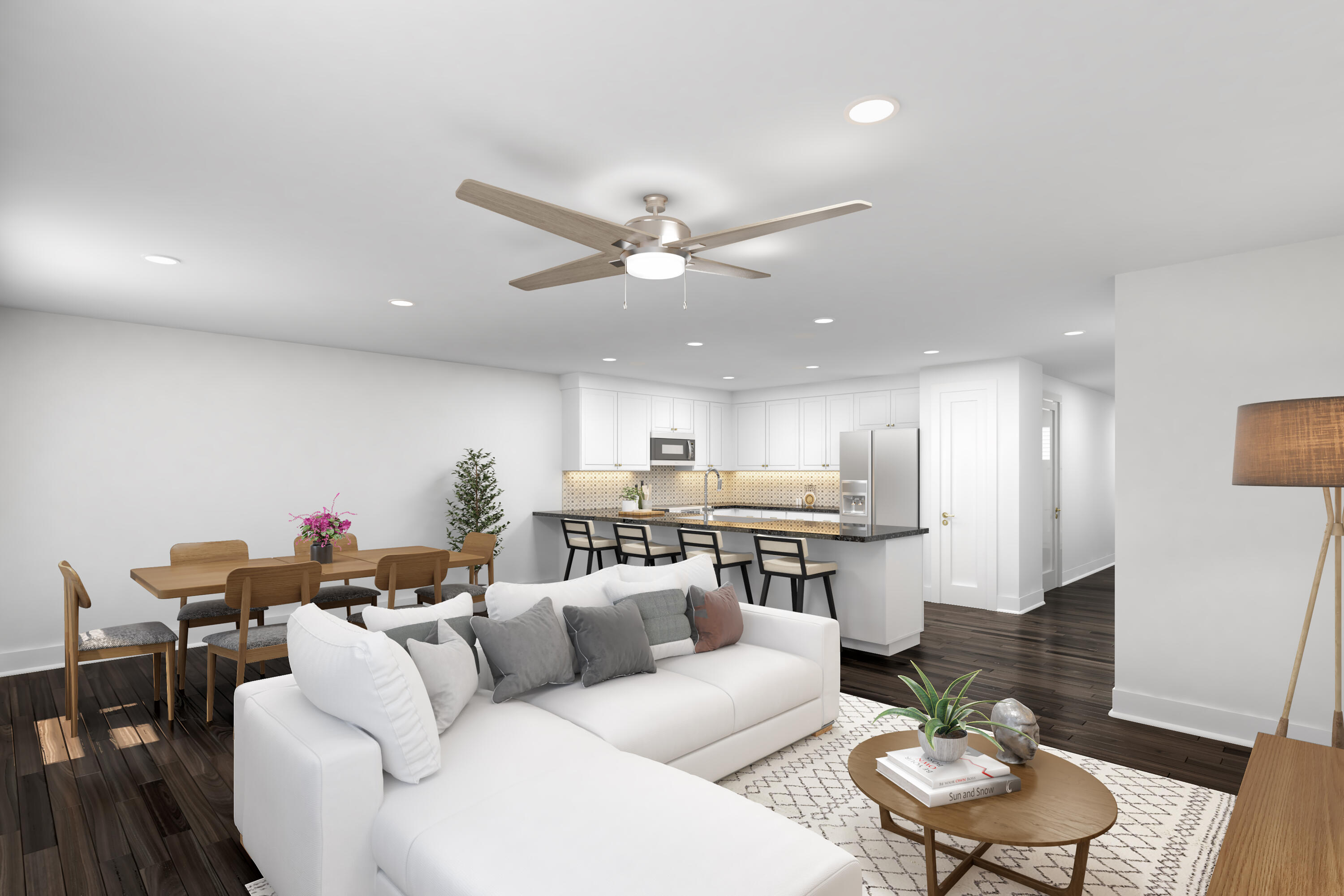 Largest Backyard in community. Builder is giving $10,000 ANYWAY MONEY which makes this a $0 move in if used towards closing costs! Use this money towards an Interest Rate Buy Down, closing costs, and/or washer & dryer! END UNIT in an 8-unit building. Luxury Vinyl Plank in living areas & baths. Carpet on stairs & in bedrooms. Stairs lead to 4 bedrooms, full guest bath, on-suite bath for primary & upstairs convenient laundry room. Downstairs hallway leads to 1/2 bath, kitchen w/ breakfast peninsula & Upgraded Stainless Appliances such as side by side refrigerator, Self-Cleaning Convection Stove w/ Air Fry, built-in microwave/range hood & dishwasher. Kitchen opens to the living & dining room. Back door leads to privately fenced backyard with a gate on either side. Larger exterior patio