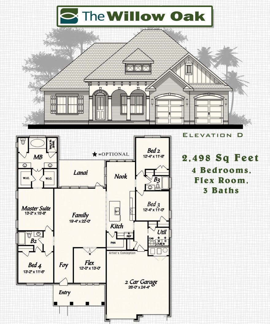 Willow Oak plan has 2,498 square feet, four bedroom, plus a flex room with laminate and 3 baths. Brick exterior, covered rear porch with ceiling fan and a 2 car garage. Interior finishings include, 9' ceilings, granite counter tops, laminate, tile and carpeted floor coverings, crown molding, cased windows and openings. Natural gas range and Rannai tank water heater. Stainless Frigidaire appliances, WoodHarbor cabinets with 100 year finish warranty, tiled shower and tub deck in master. Additional upgrades include floor plug in living room, sink in laundry room with upper and lower cabinets. Fence included!! Hammock Bay is a 3,200 acre master planned development which offers a clubhouse, movie theater, pools, workout facility, nature trails and a pet park.