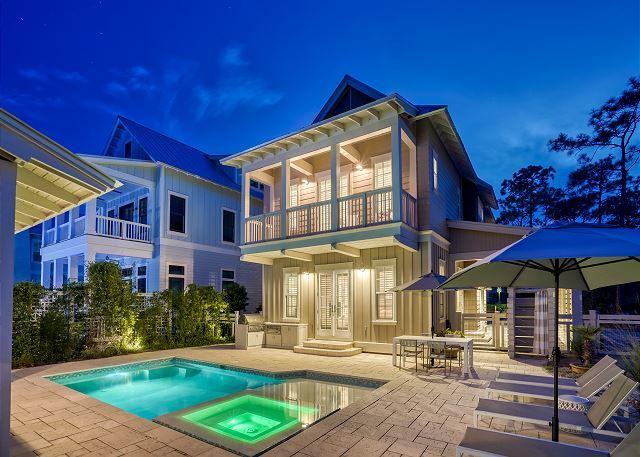 This elegant home has been completely updated with contemporary coastal furnishings and decor throughout. Situated on an over-sized lot in PH IV of Watercolor with a large pool, sunbathing area & covered outdoor TV space complete with gas lanterns & coffee table. The built in outdoor grill area, covered parking and detached garage are a few of the exceptional features of this home that are difficult to find within Watercolor. The interior boasts 4 bedrooms (one on the first level) plus a new built in bunk room with barn doors.