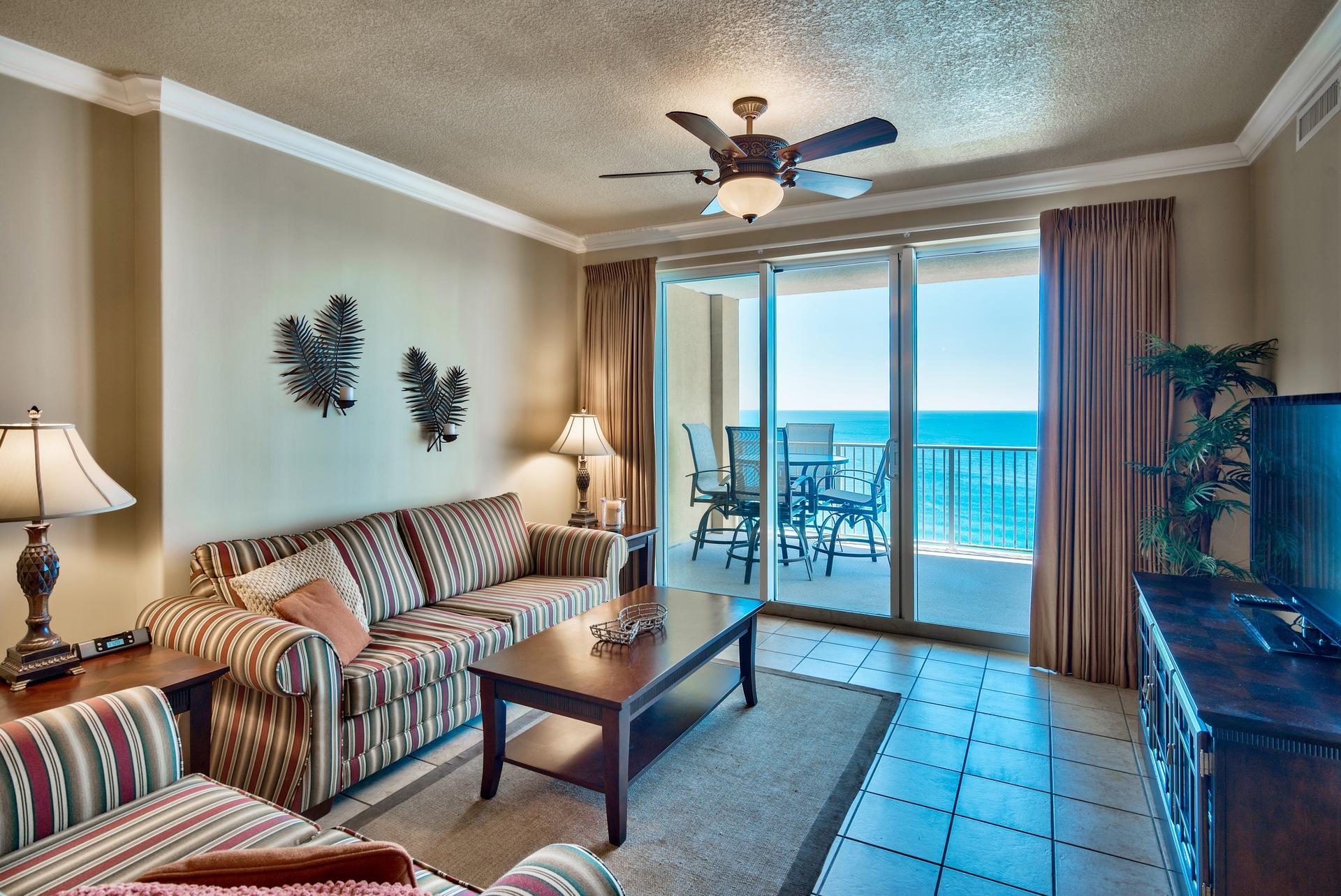 Phenomenal penthouse unit with expansive views of the Gulf of Mexico. Unit #2302 is 2-bedroom, 2-bath condo totaling 1,147 square feet with a large private balcony with incredible Gulf views. The interior is very well maintained and is being sold fully furnished & decorated. Features include raised ceilings, thick crown molding and tile floors in the main living area, kitchen and bathrooms. The open floor plan allows the unit to feel very spacious and the pride of ownership is apparent. Experience Gulf views from nearly every room and access a private balcony from the living area and master bedroom. The kitchen is beautifully updated with granite countertops & breakfast bar, unique custom tiled mosaic backsplash, updated lighting and ample hardwood cabinets.