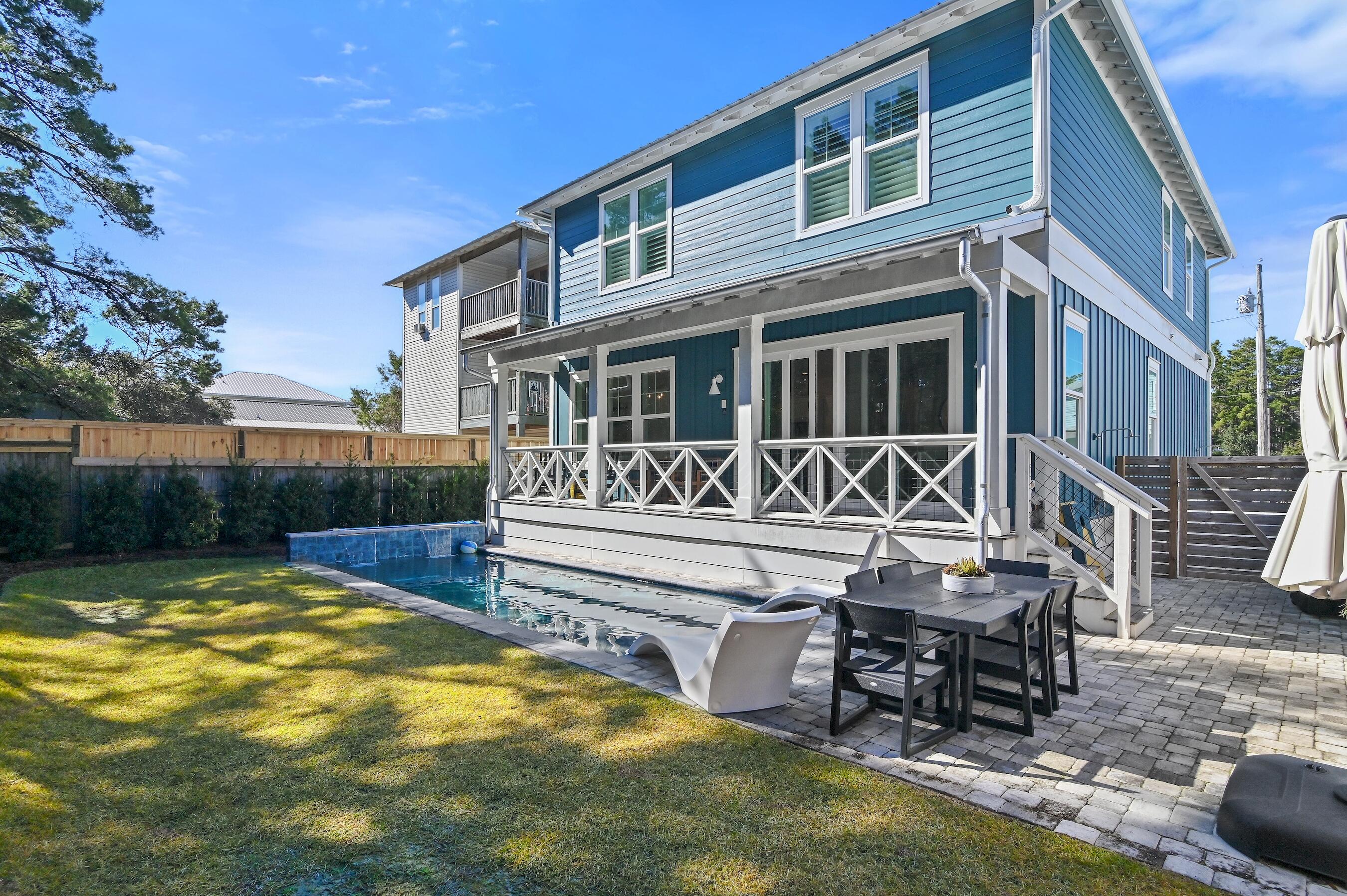 Born in 2023, birthplace chosen for the iconic Seagrove Beach location and for the proximity to the beach. Eastern Lake beach parking and public beach access is SO close! This spectacular custom-built home was thought out room by room by both the owner and the builder. Five bedrooms, 5 full bathrooms PLUS a large bunk/bonus room. Gathering area includes the kitchen, dining & living area resulting in space large enough (31' x 23') for all house guests to enjoy. Herringbone pattern LPV, marble topped island, Thor kitchen appliances to include refrigerator, ice maker, built in microwave, 6 burner gas stove and beverage cooler w/ dry bar all add together for a relaxing experience. Pause here and take a look at the pictures! Each room was given its own personality and is unique from the others. Bedrooms match themes with their connected bathrooms- each with handpicked cabinets, countertops, pulls, mirrors and lights. First floor with 2 bedrooms, one with an attached bathroom and one with a guest shared bathroom, second floor with 2 guest bedrooms, bunk room, 2 guest bathrooms AND the master bedroom with a grand bathroom. Built with energy efficiency and durability in mind, the structure of this home features a block stem foundation, 200 all thread system, exterior and interior wall insulation to assist with sound deflection and Hardie siding. Exterior with 5 parking spaces, private back yard with a 10' greenery buffer, heated pool, 2 showers, patio area and lawn to play on. Sold furnished including the 6-seater golf cart, experience the vibrant 30A coastal lifestyle today!