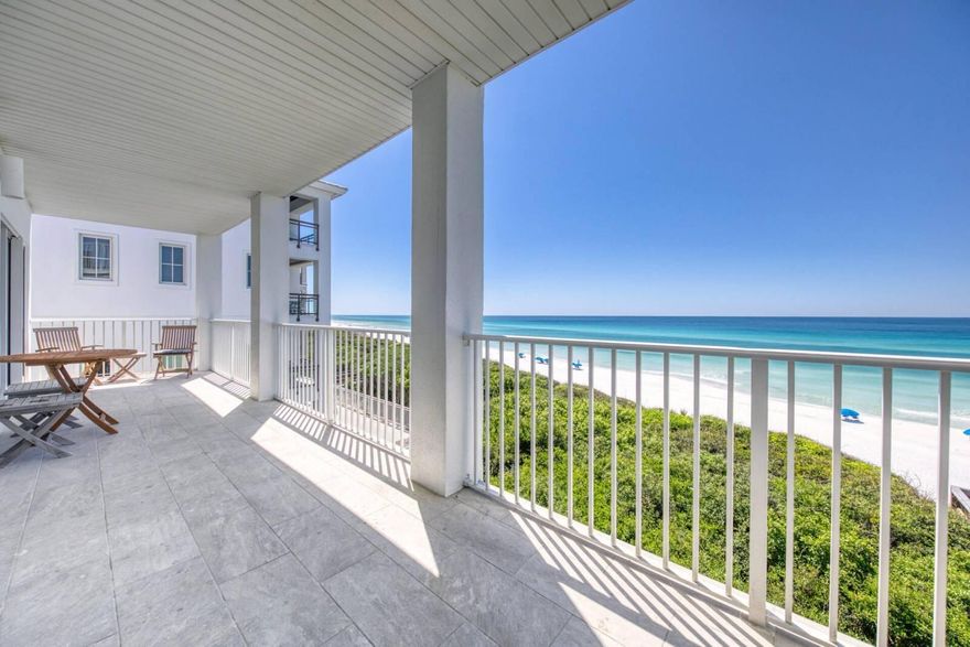 4BR/3BA Beautiful Gulf front Condo!! Unit occupies the entire third floor of a four-story building. Beautiful views from the living areas, master bedroom and large balcony. The master bedroom has a luxurious bathroom, a large walk in closet, and direct balcony access. Conveys with the exclusive use of a ground floor storage unit for all your beach toys. Conveniently located near restaurants, shops and Seaside. Ideal for a family retreat, second home or investment property. Unit is offered furnished with the exception of some artwork.  Roof was replaced in 2022. Dimensions & Square footage is approximate and should be verified by buyer.