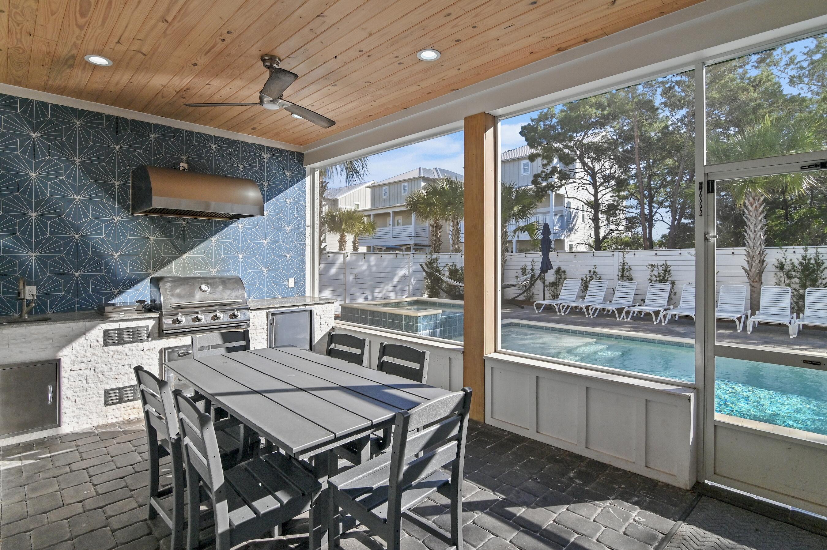 Welcome to Funky Flamingo located at 57 Penelope Street in Miramar Beach, Florida. This custom-built beachside mansion is located 0.4mi away from a community beach access and grossed over $200,000 in short term rental revenue in 2024 and has projections of $224,000 for 2025 from the current manager. Funky Flamingo boasts 8 bedrooms, 7.5 bathrooms, and over 3,700 heated & cooled square feet. This custom-built masterpiece has unique and exceptional outdoor spaces that set it apart from other vacation rental-style properties in the area: Funky Flamingo has a covered, screened-in outdoor patio & entertainment space complete with a stainless steel gas kitchen and a covered, outdoor living room furnished with a television plus seating for 14 people. The entertainment and outdoor kitchen area connects seamlessly to the 30'x12' heated pool & spa. Crowning the home is a third story screened-in sunset deck complete with a retro-themed arcade & entertainment room that provide a relaxing space to enjoy our stunning coastal sunsets.
The home's open floorplan is perfect for comfortably entertaining large groups, and the chef's kitchen is framed with chic nickel-gap shiplap and adorned with high-end stainless steel appliances. A bedroom with a king-sized bed and full ensuite bath on the first floor ensures a mobility-friendly floorplan, and the seven additional bedrooms on the higher floors are both spacious and elegant.
One unique aspect about this floor plan that I love is each floor having a dedicated entertainment or relaxation space; the first floor has the spacious living room & outdoor entertainment area, the second floor has a cafe-inspired sitting area complete with a dining table & coffee bar, and the third floor has a retro arcade trimmed out with a full kitchenette & wet bar.
This home is centrally located within minutes of world-class shopping & dining at Grand Boulevard, Baytowne Wharf, Sandestin Outlet Mall, or the Destin Commons. It's also less than 10 minutes from Scenic Highway 30a, Topsail State Park, and Sacred Heart Hospital. 57 Penelope Street is located in Frangista Beach Phase II, a gated subdivision with a dedicated, gated beach access located less than half a mile away at the intersection of Scenic Highway 98 and Hollywood Street.