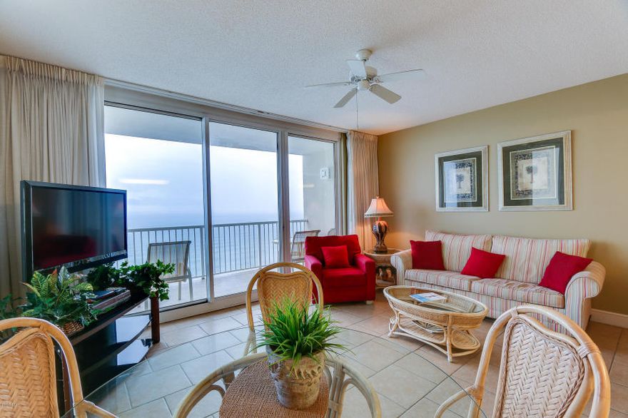 The beach getaway you have always dreamed of - a beach inspired END UNIT, 1 bedroom Gulf front condo at Majestic Beach Towers. Tiled throughout! Riveting Gulf views are framed by beachy chic interiors, designed with the Gulf of Mexico and sun in mind. Sunshine and warm gulf breezes abound from the balcony, with amazing water and beach views. The gourmet kitchen features loads of cabinet space and is fully stocked and rental ready and the Master Suite is picture perfect. Enjoy the good life at Majestic Beach with resort style amenities including in/out pools, tennis, a large outdoor dining area, impressive fitness facility, community room, the Majestic Movie Theatre, the H20 Bar and Grill serving Gulfside lunch and dinner and the Majestic Market featuring Starbucks coffee