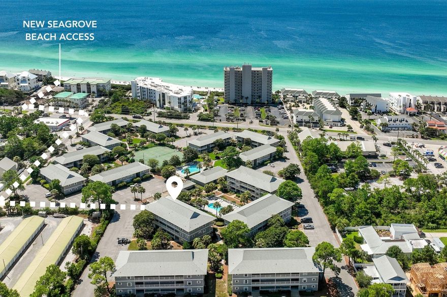 Welcome to Beachwood Villas A-12, a charming ground-floor unit located in the sought-after resort community of Beachwood Villas in Seagrove Beach. This well-appointed 2-bedroom, 2-bathroom condo spans over 800 square feet poised just steps from the renowned beaches and offers a harmonious blend of comfort and convenience.Upon entering, you are greeted by an abundance of natural light that accentuates the open living space.  A covered balcony overlooks the stunning greenspace and is perfect place to enjoy a cup of coffee or evening night-cap while hearing the waves crash onto shore from the distance. The kitchen offers custom cabinetry, granite countertops and appliance suite. The primary suite is spacious in size offering a private en-suite. A guest suite, full bath, and laundry complete the unit. The well-maintained resort-style community of Beachwood Villas offers a variety of amenities designed to enhance your lifestyle. Residents can enjoy two swimming pools, one of which is heated seasonally, as well as shuffleboard and lighted tennis courts. The clubhouse serves as a central gathering point, and complimentary grills are conveniently located throughout the beautifully landscaped grounds. Picnic benches are thoughtfully placed along winding boardwalks, creating serene spots for relaxation. The new Seagrove Regional Public Beach Access is just a short walk from your front door, making it easy to enjoy the pristine sands and clear waters of Seagrove Beach. 

Residents and Guests can enjoy walking distance to Greenway Park, Seagroves "new town center," featuring Wild Olives, Canopy Road Breakfast Cafe, Turbo Coffee, Local Cantina, Pecan Jacks, Jonah Allen Art Gallery, local boutiques, and State Forest access. With impressive annual revenue projections exceeding $28,000, Beachwood Villas is a compelling opportunity for investors and second or full-time residents alike. Schedule a private viewing today and start living the coastal lifestyle you deserve.