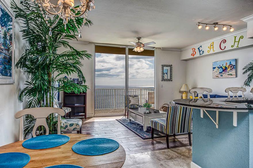 Don't miss out on this pristine 1BR/2BA + bunks PENTHOUSE level unit. Unit 2604 features travertine tile and rough plank tile in the living room, carpeting in the bedroom, bunks in the bunk area, black out curtains, flat panel t.v.s in the master bedroom and living area, upgraded light fixtures and granite countertops in the kitchen. This unit is has been rated platinum for decorating, priced to sell and will not last long. Tidewater is known for having one of the best locations in PCB and offers tons of amenities that everyone can enjoy. Tidewater features 636 ft of Gulf frontage, a large fitness center, saunas, steam rooms, an owners lounge, two game rooms, a large movie theater, a restaurant, a tiki bar, convention/conference room, covered parking garage, covered sky walk, two outdoor