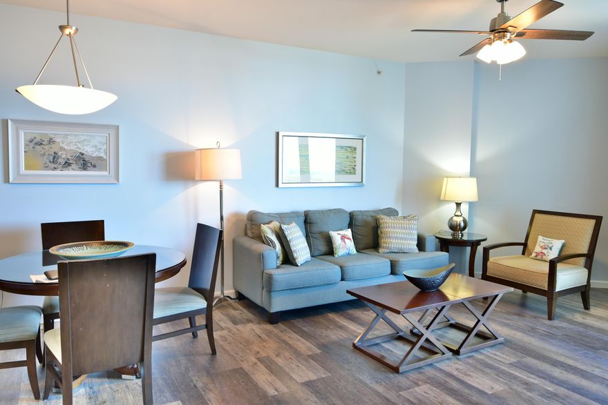 This two-bedroom 5th floor condo offers an open concept living and dining area, as well as a private balcony looking over Henderson Beach. new furniture and flooring throughout. The lagoon pool and water features are the resort's crowning attractions. Onsite amenities include multiple pools with waterfall features, a hot tub, playground, fitness center, and tennis and basketball courts. Also, newly added, is an on-site restaurant offering lunch, dinner, room service and even in-season poolside service. Shuttle service to the June White Decker Public Beach access is offered in-season. All utilities are included in HOA dues water, sewer, electric, cable, WiFi, phone, trash! Excellent opportunity for a vacation rental, second or primary home.