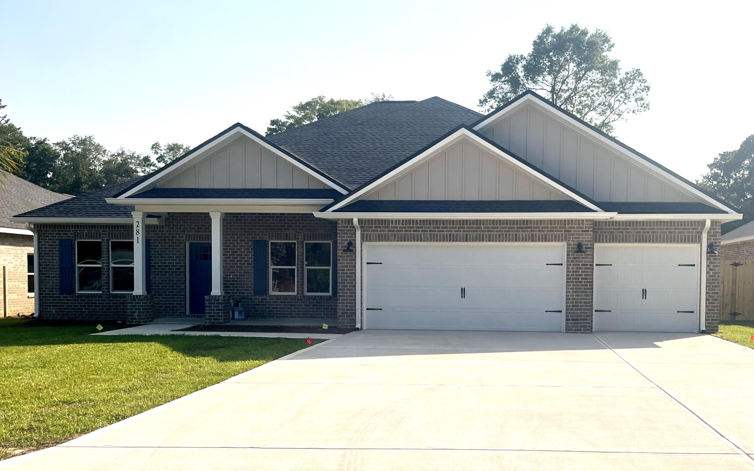 This beautiful all brick 5-bedrm 3 bath home with a 3 car garage. Loaded with upgrades and beautiful touches throughout! Use the 5th bedroom as an office, playroom, or guest room! Some great features of this home are LVP throughout (allergen friendly), GE appliances, granite/quartz countertops throughout, soft close all wood cabinets, irrigation system and a fully landscaped yard. The back yards are flat and offer plenty of room for kids, dogs, or a future pool! Let's not leave out the amazing 27ft by 8ft back patio & triple French doors! Surrounded by everything the Emerald Coast has to offer and just a short (.7) miles to the East gate of Eglin Air Force Base, less than .5 miles from Florida Park offering boat launch, fishing pier and playground.