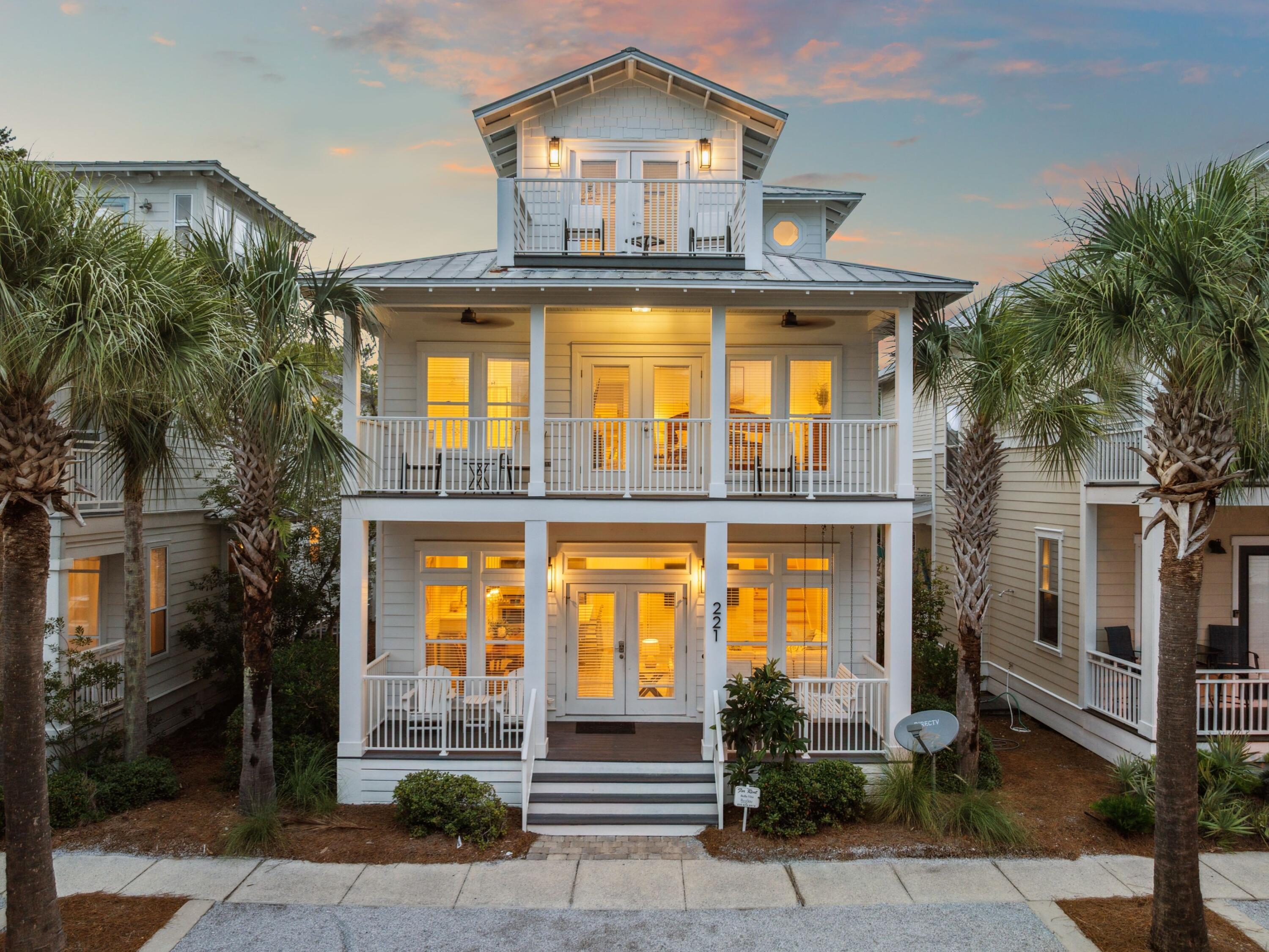 Welcome to Bella Vita, a beautifully updated 4-bedroom, 4.5-bath home perfectly situated in the heart of Seacrest Beach along Scenic Highway 30A. Just a short stroll to the 12,000 sq ft resort-style lagoon pool and deeded beach access, this prime location offers walkability to both Rosemary Beach and Alys Beach. Inside, the home features a spacious open floor plan with wood flooring and abundant natural light. The kitchen and primary bathroom have been fully renovated with quartz countertops and tasteful tile selections, and all bathroom counters have been upgraded with quartz countertops, offering a modern and luxurious retreat. With two primary suites, one on the main level and another on the second floor, plus a bunk room and additional guest room, all offering private covered porches. The third-floor loft has a full bathroom, additional living space, and a wet bar, for plenty of room for guests and entertaining. Outdoor living is just as inviting, with covered porches, balconies on every level, and a third-floor sun deck to enjoy the Gulf breeze.
Sold fully furnished and rental-ready, Bella Vita offers both charm and income potential, making it a perfect primary residence, vacation home, or investment property in one of 30A's most desirable communities.