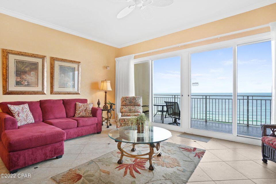 This Sterling Beach condo is the thing of which dreams are made. Almost 1650sqft of seaside luxury with a toes-in-the-sand location on the famed beaches of Panama City Beach...which conjures up images of sun-splashed days of swimming, biking and relaxing. Lives like a beach house in the sky! This very clean, non-rental condominium boasts 10 ft ceilings with crown molding in the Great room and Master bedroom. This unit's gulf front great room is 16x24 feet with a wall of glass leading to a 32x8 foot private balcony, providing the ultimate alfresco living and entertaining environment. This unit has been meticulously maintained and shows pride of ownership with its ceramic tile flooring, immaculate condition, and warm decor.
