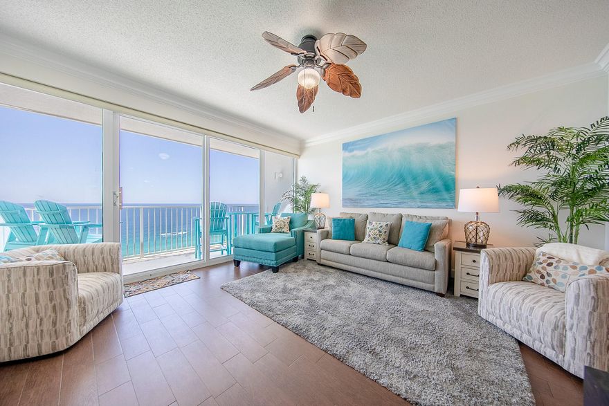 PENTHOUSE PARADIZE, RENOVATED, IMMACULATE & STUNNING! Gulf Front 1BR/1BA Condo w Bunks with Fabulous Unhindered Sunset Views down the Emerald Coastline.  Recent Upgrades:  AC, Vinyl Plank Flooring, Dishwasher, New Master BR Suite, Decor & Wall Art, Freshly Painted, TV's, Entire Living Area Furniture, Decor & Wall Art.  Stainless appliances, granite countertops & custom cabinets adorn the kitchen.  Pride of ownership!  Unit is rental ready & sleeps 6.   Boardwalk Beach Resort is a highly sought-after complex on the east end of the beach. The resort offers a variety of amenities for both relaxation and recreation. An Amazing Zero Entry Swimming, Two Hot Tubs: Perfect for unwinding. Beach Bar & Grill: Ideal for casual dining and drinks. -Kids Splash Pad. On-Site Convenience Store: Stocked with drinks, ice cream, beach gear, and more. Fitness Center: Exclusive to owners (separate fee from HOA). -Doggie Lawn: Ideal for pet owners. -Beachfront Access: 1,700 feet of pristine beachfront. -Beach Services: Offering chair and umbrella rentals, jet ski rentals, parasailing, and other exciting water sports. Easy access to shopping, fine dining, restaurants and entertainment. Don't miss out on this one!