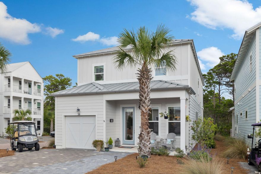 ELEVATOR + PAID IN FULL SOLAR SYSTEM. Nestled on a corner lot that backs up to a tranquil nature preserve, 38 Constant Ave offers the ideal blend of luxury, comfort, and location, just moments from the sugar-white sands of Dune Allen Beach. This 4-bedroom, 3.5-bathroom home is perfectly situated to offer both privacy and easy access to the best of 30A. Inside, the open-concept main level is ideal for entertaining, featuring a chef's kitchen with quartz countertops, ample cabinetry, and generous counter space. The kitchen flows into the spacious and airy family room and offers direct access to a serene outdoor patio-perfect for gatherings or quiet relaxation.The home offers two primary suites, with one located on the first floor for added convenience. A residential ELEVATOR provides easy access to the second floor, where you'll find three additional bedrooms, two full bathrooms, and a screened-in, covered second-level patio overlooking the natural surroundings, an ideal place to enjoy quiet mornings or evening breezes.((A standout feature of this property is the PAID IN FULL SOLAR SYSTEM, complete with battery storage. This system currently supplies approximately 50% of the home's annual energy needs, based on the past year. Even more impressive, the solar setup acts as a backup electrical system, meaning if the grid goes down, your power stays on. No need to worry about electrical outages; this home is designed for both sustainability and peace of mind.((Additional features include a 1.5-car garage with golf cart entry, a fenced backyard, durable hardboard siding, and a sleek standing seam metal roof for long-lasting coastal appeal. An Electric Street Vehicle (ESV) is also INCLUDED with the sale, offering a fun and effortless way to reach the beach, community pool, nearby shops, and dining.((Enjoy unbeatable access to area amenities: just a short walk to the community pool and a quick five-minute ESV or bike ride to the new Dune Allen Regional Beach Access, complete with bathrooms and convenient parking.((Live the ultimate 30A lifestyle, with boutique shopping, upscale dining, and scenic bike paths all just around the corner. Whether you're looking for a full-time home, second getaway, or investment opportunity, this one checks all the boxes.
