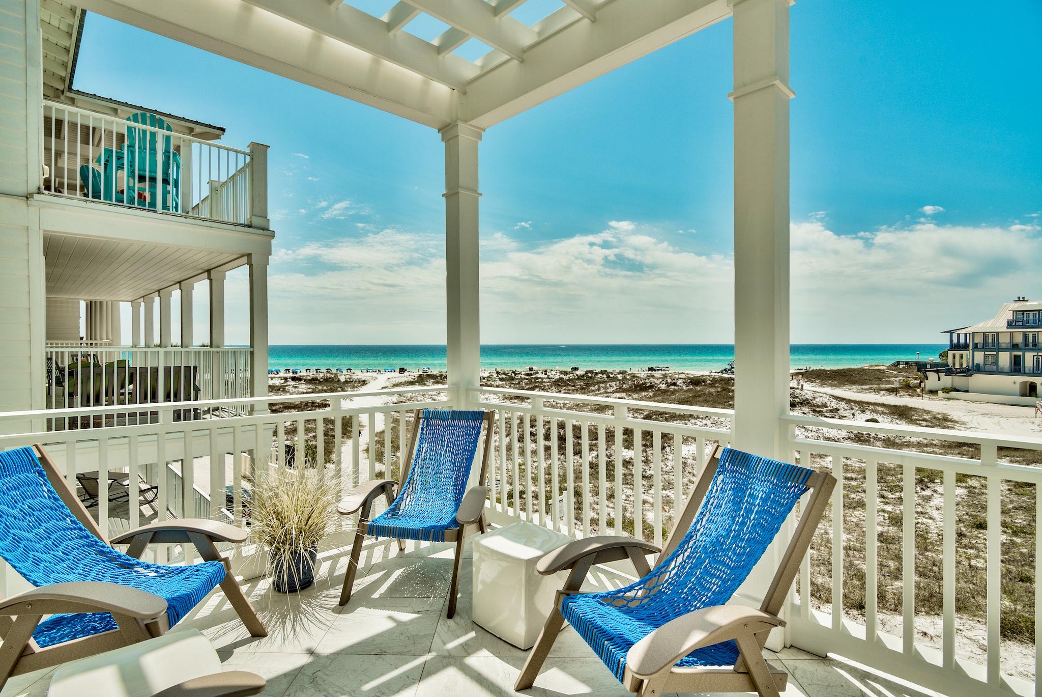 $200K Rental Projection by 30A Escapes Vacation Rentals. This magnificent 5 bedroom, 5 and -1/2 bath gulf front beach house can be found in the heart of Grayton Beach, South Walton's original beach community. Located steps from Grayton's sugar-white sand beaches and a short walk from the popular Red Bar and Chiringo restaurants, the salty air awakens your senses as your worries drift away soaking in the views from any of the homes four balconies with forever gulf views or from the open air main floor featuring a heated private pool with a covered area and room for a garage. As you enter the home's double doors, you are greeted with a convenient drop zone and separate storage spaces, one with an ice maker, full-size fridge, and stacked washer/dryer.