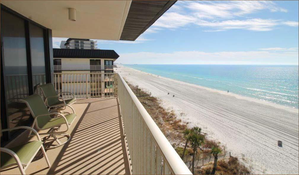 RARELY AVAILABLE*TOP FLOOR*CORNER UNIT*WRAP AROUND BALCONY OVERLOOKING POOL AND GULF... Coastal Living at it's Best in This pretty 3 Bedroom, 3 Bath Edgewater Condo which offers one of the largest wrap around balconies you will find with Breathtaking Views of the Gulf. Enjoy all that Edgewater Resort has to offer in a very quiet corner of the complex, THE WINDWARD BUILDING...only a few steps from the Beach. This unique open floor plan offers stunning Beach views from the Living Room, Dining Room, Kitchen, Master Bedroom and Guest Room. The Glass Sliding Doors and Glass Front were replaced in 2019/2020. The condo is tiled throughout and offers several updates. The spacious kitchen has newer cabinetry and granite counter tops. It offers a large breakfast bar that opens into the Dining Room. It has newer appliances, including The Refrigerator which was purchased in 2023; the Stove, Dishwasher, and Disposal were purchased in the fall of 2024. Enjoy the comfort of home in this very private and special beach condo. The sofa, loveseat and living room chairs were new in the fall of 2024. The current owners use the condo as a second home but it is also on a private rental program. Edgewater, a Gated Community, is the only Full Service Resort on Panama City Beach which offers endless amenities. Included are a gulf front Restaurant ''Oceans Bar and Grill'', an Executive 9 Hole Golf Course and Pro Shop, 11 Pools, including the huge Lagoon Pool with Waterfalls, Edgie's Market serving Starbucks, ice cream and a gift shop, Hot Tubs, Tennis Courts, Basketball Court, Pickle Ball Court, a State of the Art Fitness Center, Splash Pad for Kids and gorgeous landscaping, and more. There is an electric car charging station conveniently located in the center of the complex. Edgewater is across the street from the Shoppes at Edgewater with many restaurants and shopping. It truly is located in the Heart of Panama City Beach! (age, sf approx)