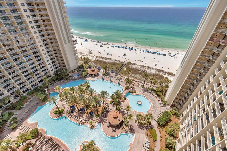PANORAMIC GULF VIEWS + VACATION-READY! Perched on the 15th floor of the iconic Shores of Panama, this turnkey beach retreat sets you up for an incredible vacation-rental opportunity and an effortless coastal escape. Step onto the private balcony and take in sweeping, unobstructed views of the emerald waters and sugar-white sand--sunrise coffee and sunset colors never get old. From the beach boardwalk, your toes are literally steps from the shoreline. Shores of Panama delivers true resort living: a massive lagoon-style pool with tropical landscaping, hot tubs, a tiki bar and grill, and direct beach access--plus an indoor heated pool for year-round enjoyment. Onsite conveniences include a fitness center, spa/sauna, coffee shop, and covered parking, with security and front-desk services that make guest turnover smooth and welcoming. The location puts the best of Panama City Beach within easy reach. Walk next door to Pineapple Willy's for gulf-front dining, pop across the street for quick groceries, or head a few minutes to Shipwreck Island Waterpark, WonderWorks, and Ripley's Believe It or Not. Charter a fishing trip, rent jet skis, or spend the day exploring St. Andrews State Park. Pier Park's shopping, restaurants, concerts, and events are just a short drive awaykeeping calendars full and occupancy strong throughout the seasons. Whether you're building an investment portfolio or looking for a beach home you can enjoy between bookings, this Shores of Panama residence checks all the boxes: postcard-worthy views, resort amenities, and a walkable, central PCB location.