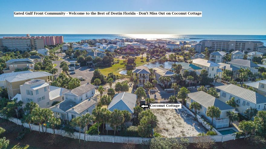 UPSCALE GATED GULF FRONT COMMUNITY OF DESTIN POINTE WITH PRIVATE COMMUNITY GULF FRONT BEACH ACCESS. Welcome to Coconut Cottage. Community Amenities, Two Swimming Pools, Tennis Courts, Nature Walks, Shuffle Board, and many other wonderful amenities. Check out all the Photos of this Gorgeous Florida Cottage. Heart Pine Flooring Through Out and Tile in the Baths. Master Bath with Tub Area, Separate Shower, Spacious Vanity, Master Bedroom with French Doors Leading to the Deck and Private Backyard with Courtyard Area & Mature Landscaping. Soaring Ceilings, Newer Items A/C, Dishwasher, Water Heater, Refrigerator and Exterior Paint. Huge 24 x 10 Front Porch with 2 Swings. Off Street Parking on this property. Buyer to Verify anything of importance. Some art work maybe different than the photos.