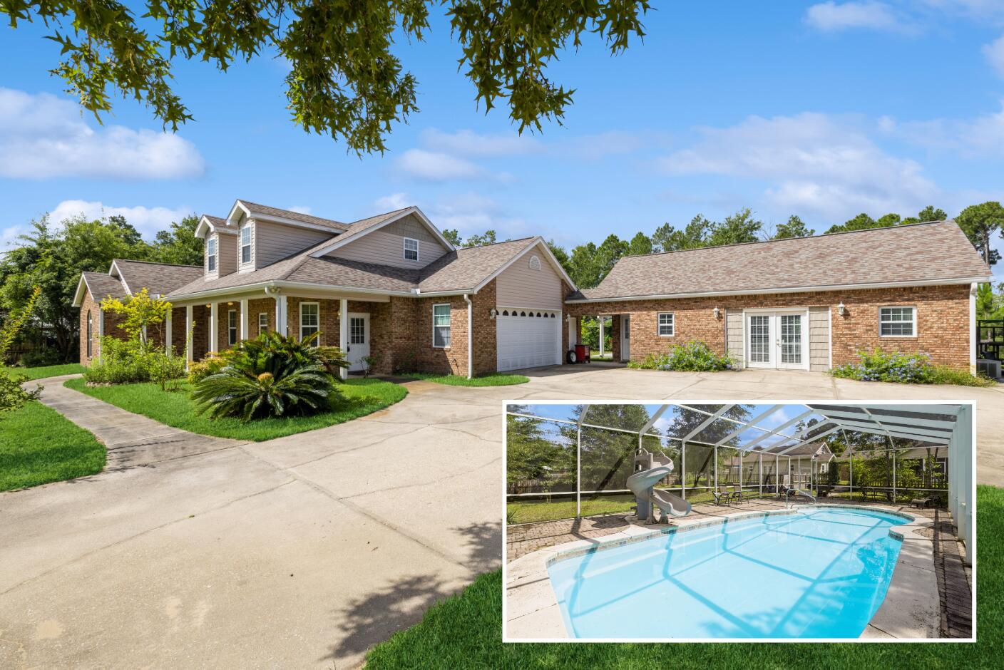 Second lowest price per sqft in the area!! Welcome to this one-of-a-kind estate featuring an elegant brick MAIN RESIDENCE, a separate 1.5 story GUEST HOUSE, and a screened-in POOL all on one gorgeous acre of land on Mill Creek Drive. This single-owner home has been meticulously maintained and has 3 brand new HVAC systems plus a new water heater. If a phrase could capture the essence of this property it would be ''but wait, there's more!'' The use of space is unparalleled with 9ft ceilings, large bedrooms, ample storage, and areas that could be utilized in a myriad of ways. The kitchen features a walk-in pantry, cozy breakfast nook, stainless appliances, plus a dedicated dining room. The first floor primary bedroom features an adjacent sitting room/office, walk-in closet, double vanity, separate tub and fully enclosed tile shower with dual shower heads. Upstairs could be used as a second primary suite if desired as it has a full bath, huge storage room, reading nooks, and second fireplace. Heading outside through the recently updated glass sliding doors you'll find the grand screened-in porch, perfect for hosting and relaxation as it overlooks an adorable picket fence and the pool. The Guest House: At approximately 1200sqft, this is more than just a guest suite; it feels like a separate home! It features an open-concept living area, full kitchen, full bath, and a versatile loft. It also has the potential to be rented out as a cash-flowing investment property. No worries about parking as there is an extended driveway, ample space, plus the main home has a 2-car garage. Updated Trex decking has been installed as an open back patio. The sprawling 1-acre yard is a sanctuary of its own. The sparkling, screened-in pool is the star of the show, complete with a slide and ample space to lounge and entertain. It's the perfect spot for recreation and enjoying the Florida sunshine. This magnificent home has only ever had one owner and therefore is an extraordinary opportunity for the right new buyer to come make the most of all it has to offer. A home inspection has already been completed and we are happy to share the results! A video tour is also available. Schedule your showing today!