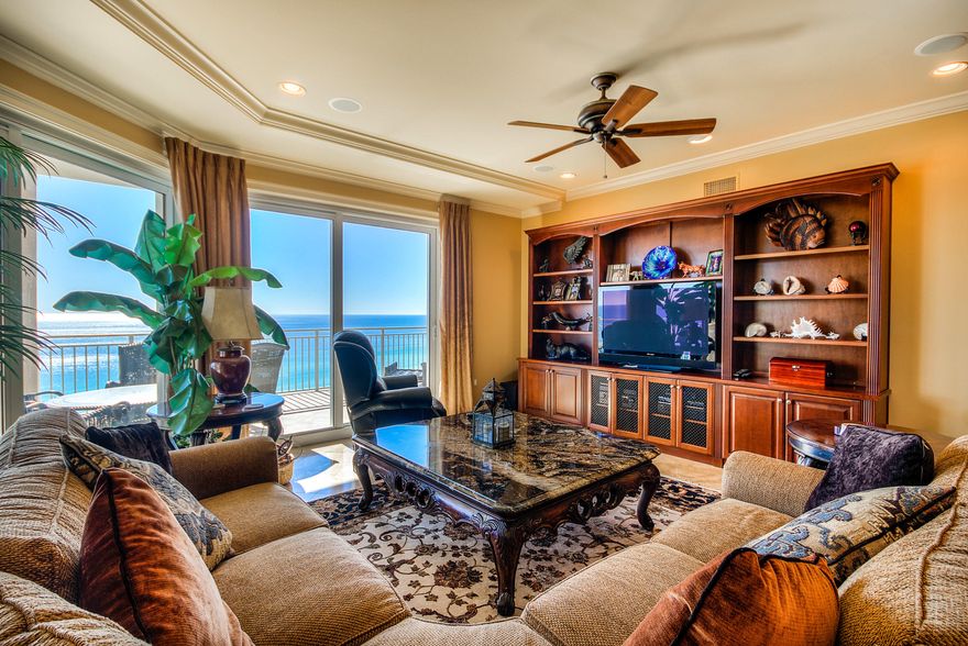 This spectacular 16th floor villa is absolutely gorgeous and is being offered fully furnished(excluding personal items). It sits high within Grand Dunes II and offers incredible views over the top of the adjacent properties, giving you unsurpassed views of the Emerald Green waters & sugar white sands of South Walton. Located on the east end of the North Tower, this unit has views from every room. The ''20'' stack floorplan in Grand Dunes' north tower is our largest in the building. With 3,030 square foot of living space. Loaded with upgrades from the built-in cabinets in the living area and dining room, flush mount stereo speakers in all living areas, bedrooms and master bath w/ separate volume controls, frameless glass shower enclosure, closet organizers, recessed can lighting, custom granite counter-tops and vanities throughout, soft-close drawers in the kitchen and baths, 8' interior doors, "premium" stainless steel appliance package that include a Monogram double door fridge, icemaker, 5 burner natural gas cooktop and a Viking wine cooler.
This beautiful Villa also includes a huge Master bedroom with "His and Her"
walk in closets and sitting area. The Master bath offers jetted tub, separate dual head shower w/ travertine surround, custom granite vanities and separate water closet with linen pantry. A semi-private high speed elevator opening directly into the private foyer, 9.5 foot ceilings, 11' wide tile clad balcony providing 384 sq.ft. of covered outdoor living space, complete with a built-in stainless steel natural gas grill. Grand Dunes offers a host of wonderful amenities; 200' of private beach,  private heated pools and hot tubs, gulf front lagoon pool, gated underground parking, 24 hour security, gated entry, lush landscaping and beach service. Please call to set up your appointment for a private viewing of this east-end corner unit, Grand Dunes is the "Emerald Coast's Premier Gulf Front Development"!