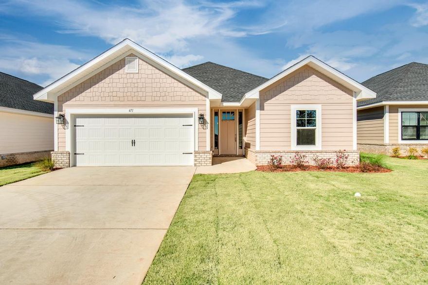 Builder is offering, while supply lasts: (a) 5.49% fixed rate financing for qualifying VA & FHA buyers plus (b) $10K flex cash to use at buyer's discretion to add features to the home (e.g. fridge, additional ceiling fans) or apply to prepaids, HOA costs or other closing costs.New Craftsman style home.  1/4 mile from Freeport High School & 20 minutes to Blue Mountain Beach on the Gulf of Mexico. 3 BR / 2 BA with 2 car garage + garage door opener, 10' ceiling in Great Room & Kitchen, 9' in other rooms, tray ceiling in Master Bedroom.  8' entry doors, CoreTec Pro Plus LVP flooring throughout.  Moen faucets, lever-handled hardware. Fully sodded yard with sprinkler system, well & pump.