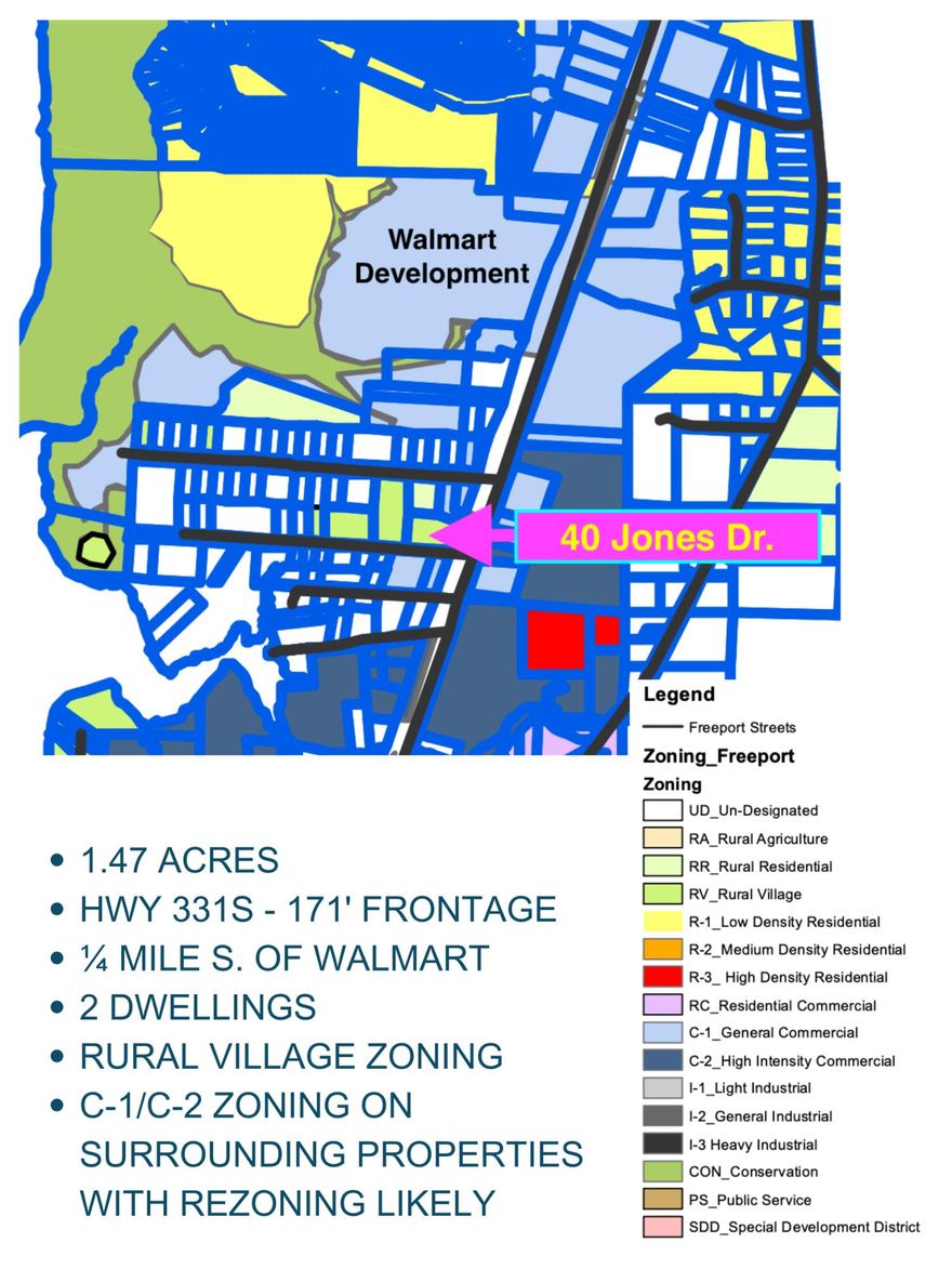 Hwy 331S - Fantastic opportunity for this corner 1.47 acre site just 1/4 mile south of the incoming Walmart in Freeport, FL. Located inside the city limits with appx 171 front feet on Hwy 331 and frontage on Jones Dr also. Zoned Rural Village with C-1 and C-2 zoning surrounding the property, so rezoning would be a distinct possibility (buyer to do all due diligence). Property has 2 dwellings - one brick home, one manufactured home plus a nice 30x40 utility building with rollup door. MLS documents section details zoning, possible future zoning and other useful data. Freeport is booming, with TDOT traffic count of just over 23,800 per day. Join the others who see that it is no longer merely holds potential for growth - it's a current reality.