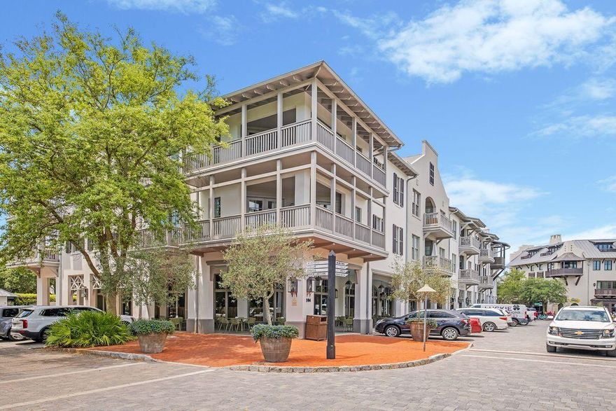 This fabulous top-floor corner unit located in the heart of Rosemary Beach is a rare find. Enjoy panoramic views of the Town Center and Long Green Parks. This spacious unit with split king bedrooms plus a bunk room with open floor plan makes entertaining a pleasure. The highlight is the corner balcony which allows the living area to flow outside - close enough to enjoy the sights and sounds of Rosemary Beach yet high enough to offer privacy in your own outdoor space. This professionally designed condo in neutral tones transfers furnished making this the perfect residence for full-time, second home or vacation living. Features include vaulted ceilings, skylights, hardwood and tile floors. Renovated kitchen includes a tile backsplash, painted cabinets, quartz counters and newer appliances.