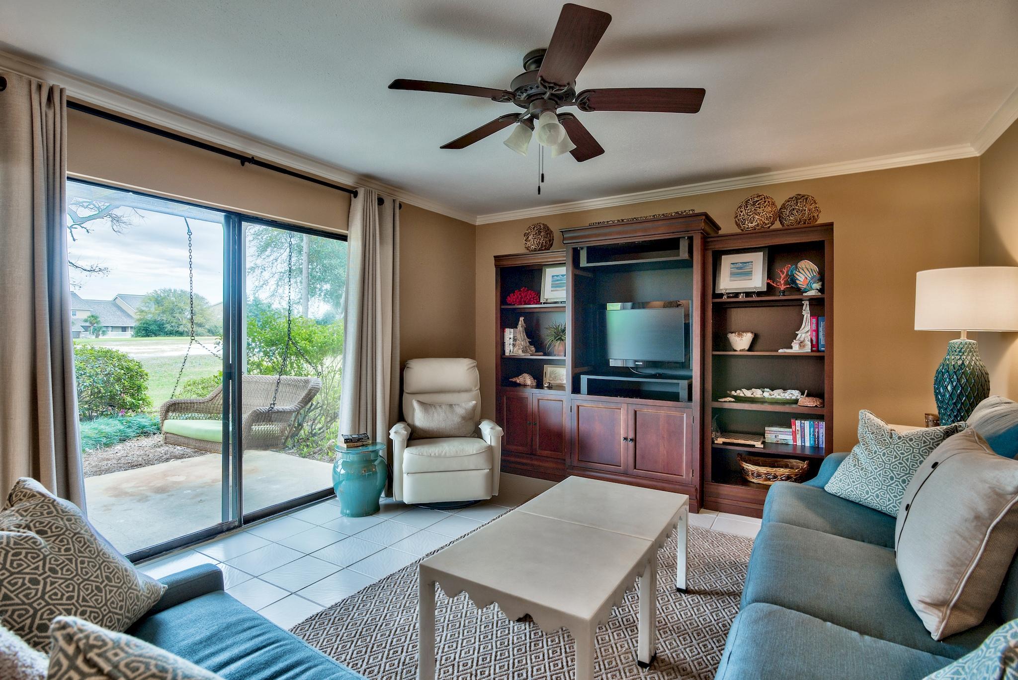 1st floor Garden Villa Condo in Seascape. FULLY RENOVATED! Condo OVERLOOKS the 15th Fairway, Nice Layout With 2 Bedrooms & 2 Full Baths. Master Suite has en-suite bath, with large TILED walk-in shower, with a bench, double vanity with granite countertops and fabulous closet space! The Guest Bedroom features a queen bed and built in twin bunks. ADDITIONAL closet space was added in the hallway. Guest bath has tub/shower combo. The condo sleeps 8 very comfortably! Kitchen is open to the dining area. There are two glass slider doors to patio overlooking the golf course. Condo has granite countertops throughout, upgraded decorator cabinetry, stainless steel appliances, and a new full size stackable washer/dryer in the closet. One of the facility's many pools is located just across the street.