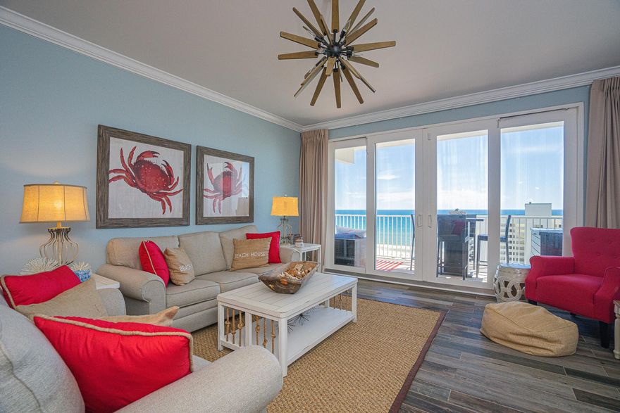 LIKE NEW & NEVER RENTED!  This well decorated and meticulously kept,  2 bedroom, 2 bathroom & BUNK ROOM offers sweeping ocean views as far as the eye can see!! Views from the living room and primary bedroom, in addition to a large balcony, spanning the entire width of the condo!  Being sold FULLY FURNISHED (minus a few sentimental items listed in agents notes) allows you to capture rental income immediately!  Rental projections of up to 49k!! This unit is perfectly situated between the beautiful ocean and all the attractions the area offers, including Wonderworks & Ripley's!  Laketown Wharf offers convenience & amenities that aren't found anywhere else!  State of the art workout facility, 5 pools, 3 restaurants, an ice cream shop, salon & a putting green all within an elevator ride away!!