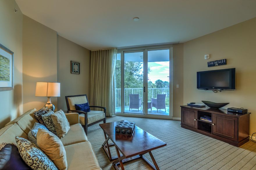 This Palms of Destin 2nd floor east building outside facing unit is in very good condition. Unit 1208 has a very quiet and peaceful view looking east and protected from the afternoon sun. This condo is the Jr. 2 bedroom that has the ''Captain's bed'' in the 2nd room and also has a trundle to sleep 2 guests. Space abounds in this 970 square foot unit offer one of the largest living areas at the Palms. You will find granite counter tops in the kitchen and the master bath. The beautiful master bedroom also has a sliding door to the terrace to enjoy that morning cup of coffee or just enjoy being outside. The master bath has a large garden tub with shower and the guest bath is equipped with a tiled walk-in shower. The Palms is a great complex and offers great rental potential.